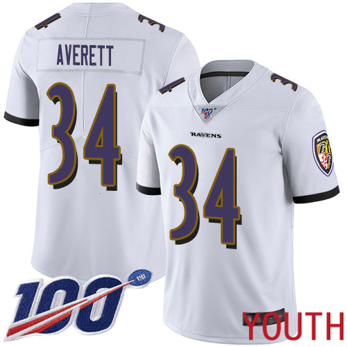 Baltimore Ravens Limited White Youth Anthony Averett Road Jersey NFL Football 34 100th Season Vapor Untouchable